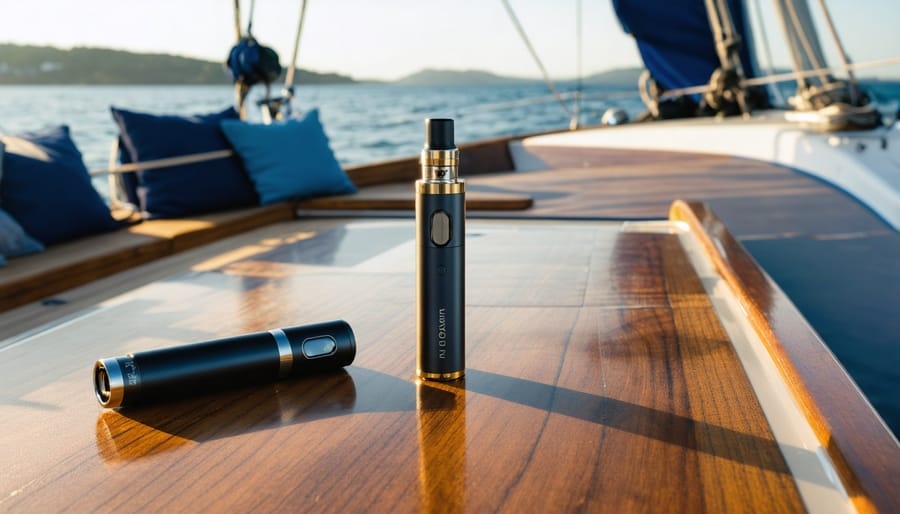 Close-up of a THCa vape cartridge on a matte black battery on a teak cockpit table aboard a moored sailboat at sunset, with furled sails, coiled lines, and shimmering water softly blurred behind.