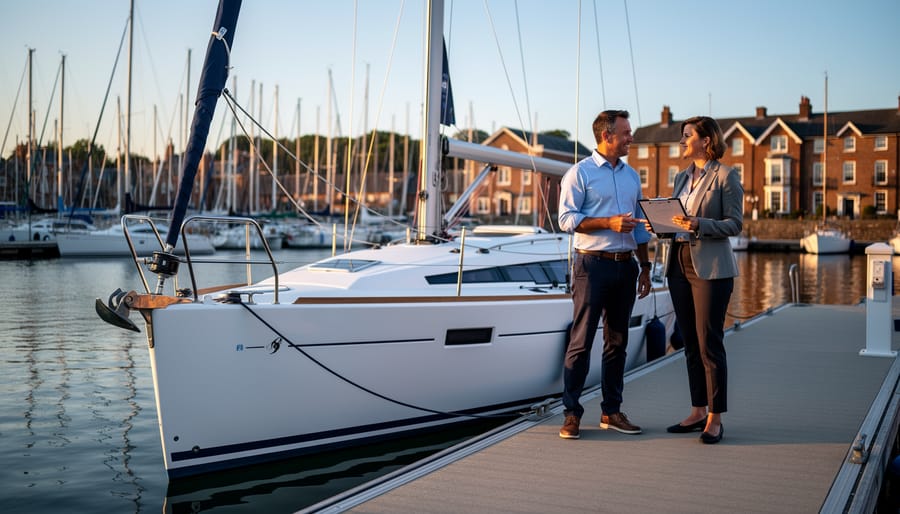 Mid-sized white sailboat at a UK marina during golden hour, seen from the dock at a 45-degree angle, with two adults discussing beside the bow and masts and brick harbour buildings in the background.