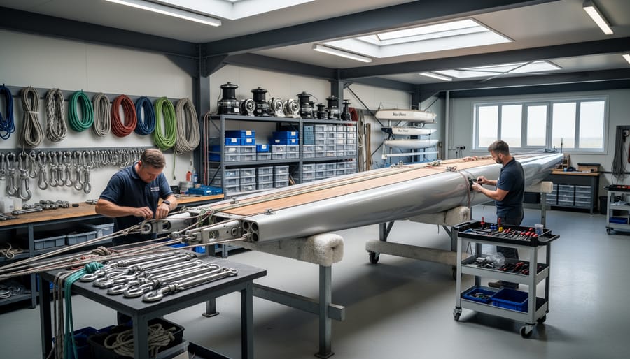 Yacht mast on work stands in professional rigging workshop during overhaul