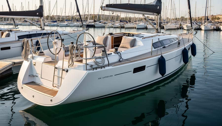 Person cleaning and maintaining sailboat deck to prepare for sale