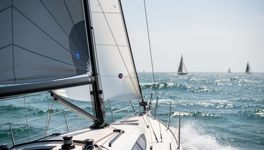 Racing yacht under sail showing mast bend and optimized sail shape
