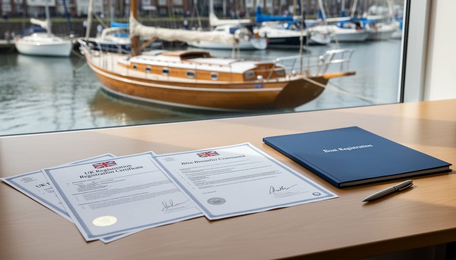 Boat registration papers and official maritime documents on wooden deck surface