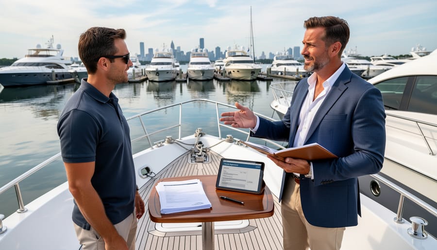 Yacht broker consulting with boat seller at UK marina