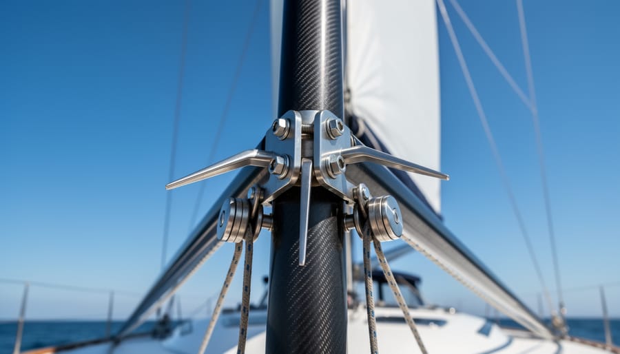 Close-up of yacht mast spreaders and stainless steel rigging hardware