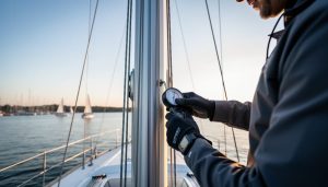 Low-angle close-up of a sailor using a rigging tension gauge on a racing yacht’s shroud, with mast, spreaders, and stainless fittings in sharp focus and distant sailboats blurred on the lake horizon.