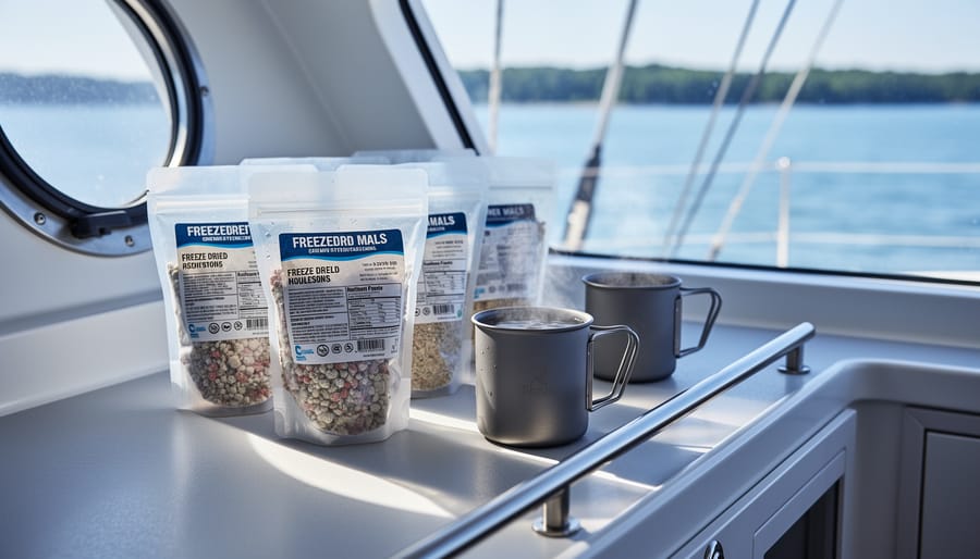 “Freeze-dried meal pouches and rehydration cups on a sailboat galley counter with soft daylight and a blurred lakeside background.”