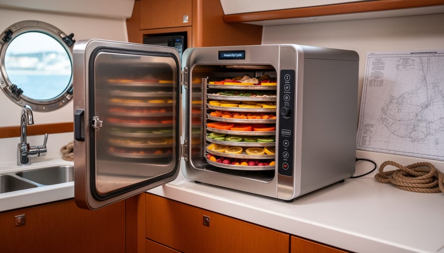 Home freeze dryer with trays visible inside and frosty food edges in a bright kitchen setting.