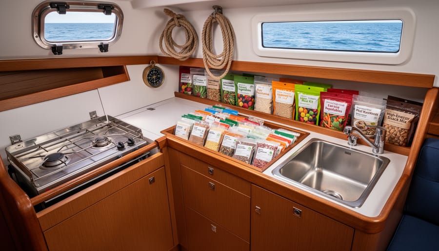 Sailor’s galley table with freeze-dried fruit, pasta ingredients, and freeze-dried candy arranged in canisters near a measuring cup.