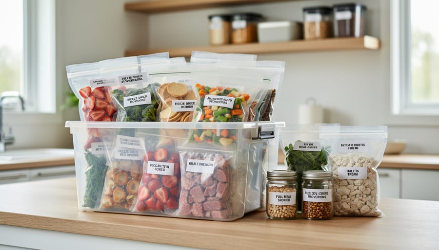 Freeze-dried provisions sealed in Mylar and vacuum bags stored inside a compact marine storage bin.