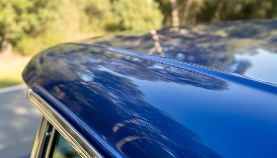 Close view of a sailboat hull with glossy, polished gelcoat showing vivid reflections