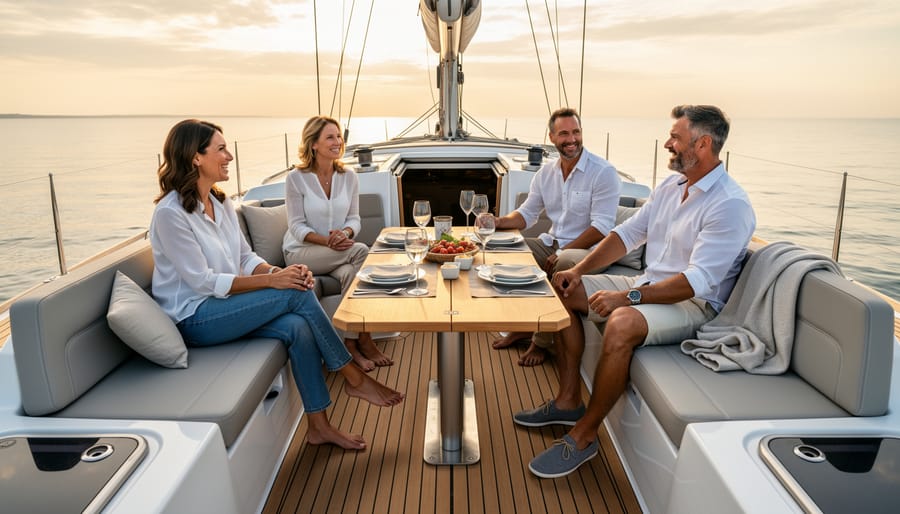 Comfortable sailboat cockpit with marine cushions, backrest, and shaded seating under a bimini.