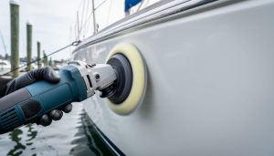 A dual action polisher with a foam pad is being used on a sailboat hull’s dull, oxidized gelcoat at a marina.