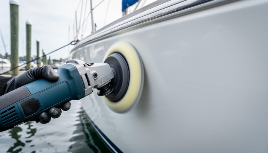A dual action polisher with a foam pad is being used on a sailboat hull’s dull, oxidized gelcoat at a marina.