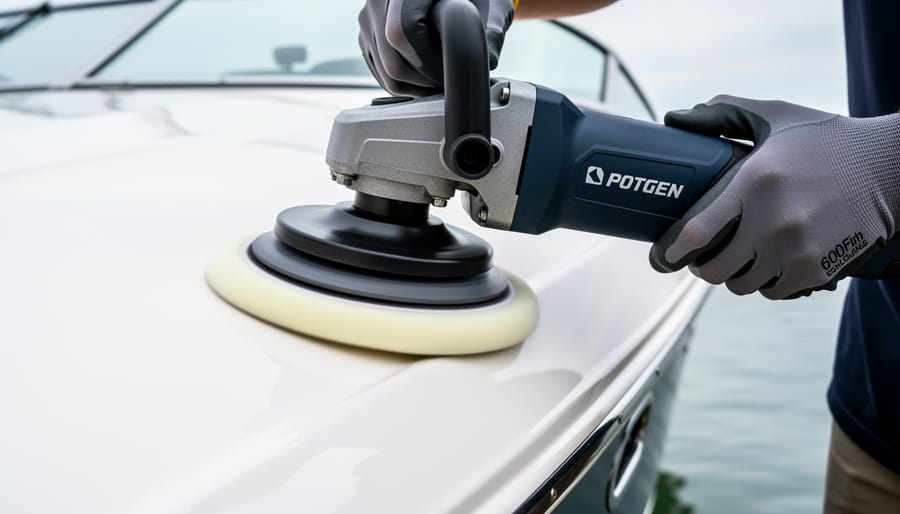 Gloved hand operating a dual action polisher with a foam pad against a sailboat hull