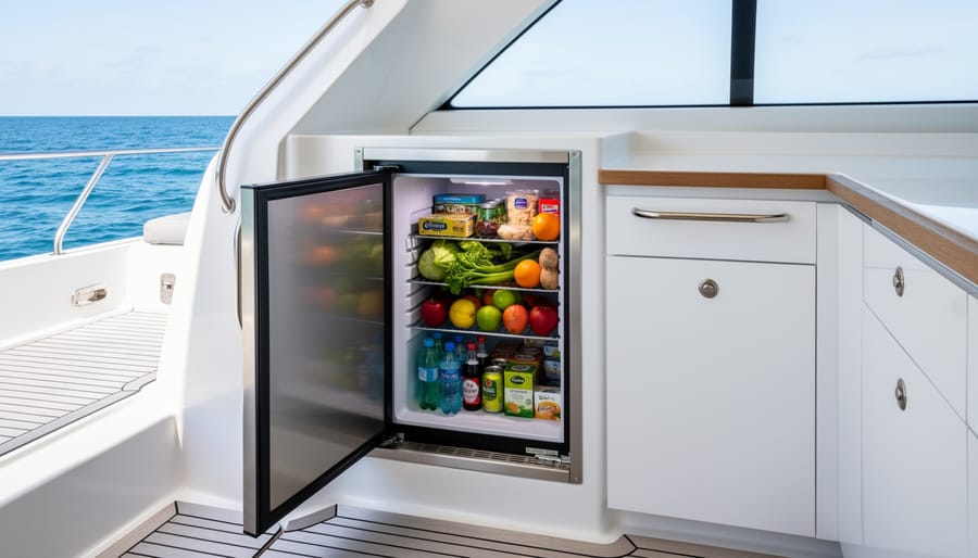 Marine refrigeration unit installed inside a sailboat galley with neatly stored food on shelves.