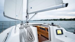 Recreational sailboat on Ontario water with white sails, illuminated cockpit lighting, and modern navigation equipment suggested in a blurred screen area.