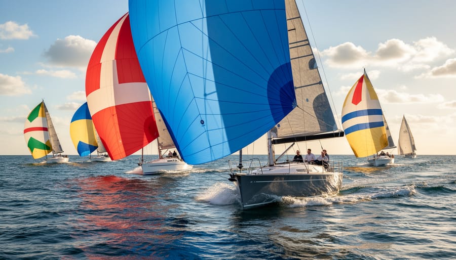Sailboat flying a gennaker or spinnaker with sails fully powered in open water.
