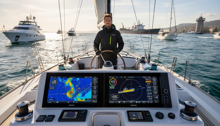 Sailboat helm with a chartplotter and marine electronics installed for navigation.