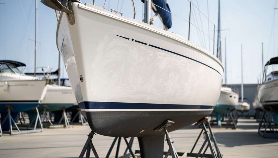 Sailboat hull showing dull, oxidized gelcoat with subdued reflections at a marina
