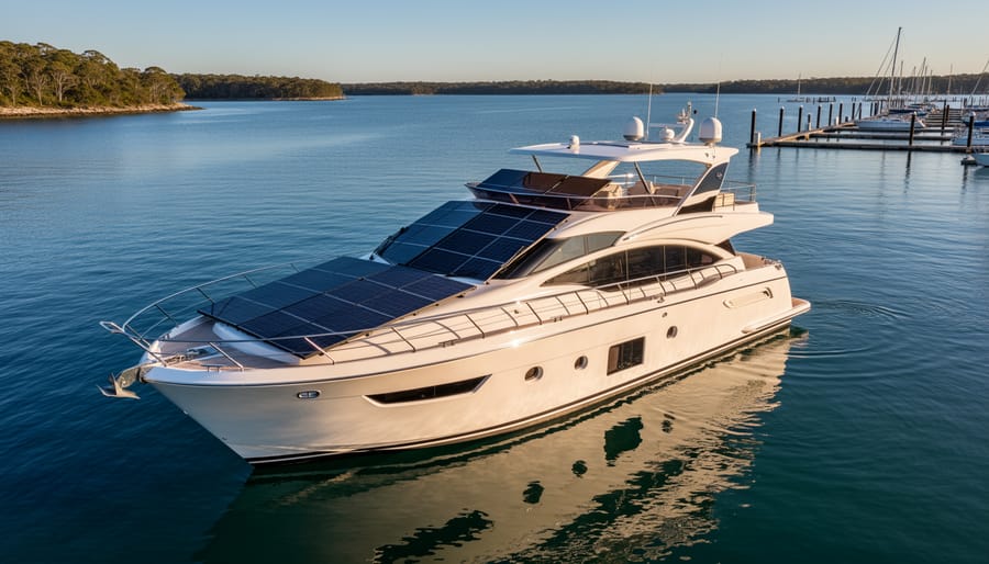 Solar panels installed on a sailboat bimini or arch with water and sky in the background.