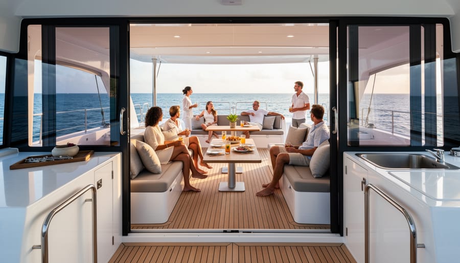 Bali 4.3 catamaran with an open-plan salon connected to the cockpit through a tilted door