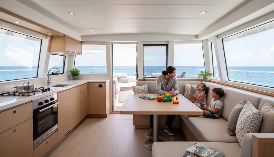 Family relaxing inside a Fountaine Pajot Astrea 42 catamaran with bright airy interior light