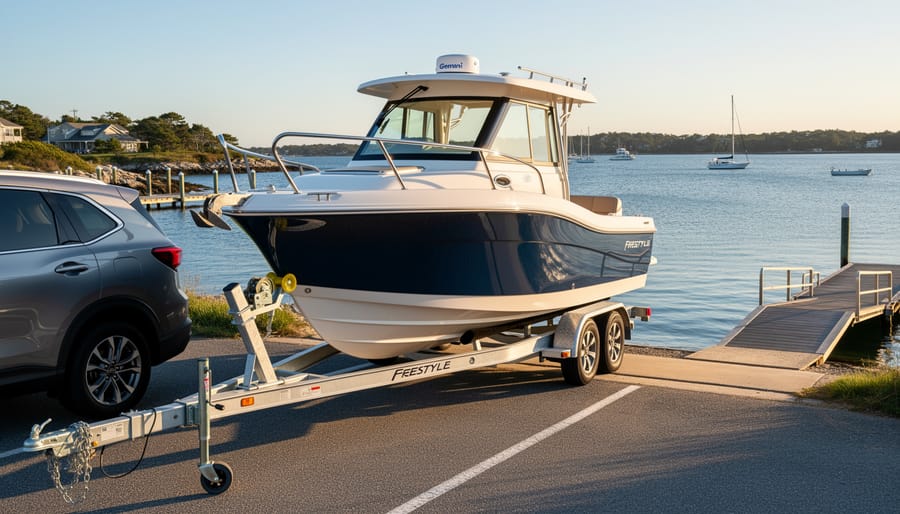 Gemini Freestyle 37 catamaran on a trailer at a lakeside launch ramp during sunrise