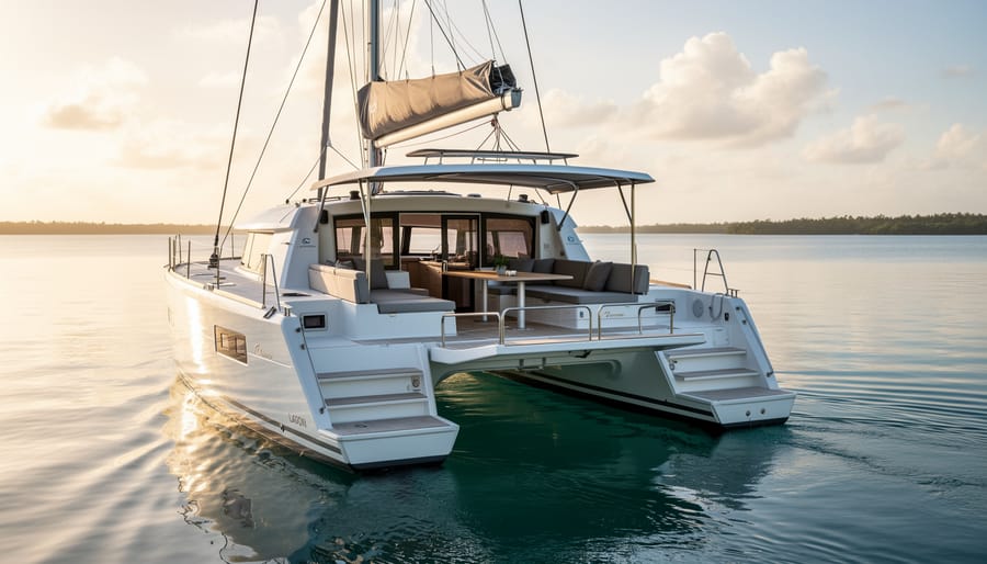 Lagoon 42 catamaran at anchor with a spacious cockpit and comfortable seating on calm blue water
