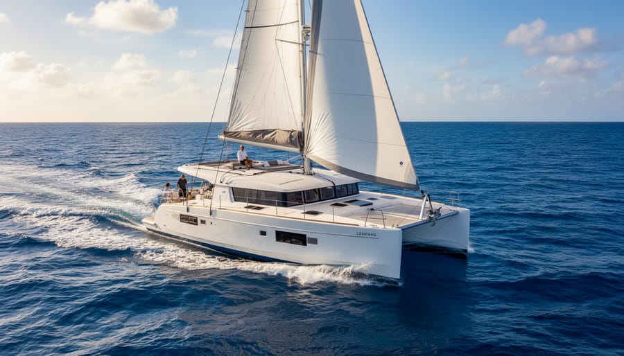 Leopard 40 catamaran sailing quickly with sails trimmed and twin hulls cutting through waves