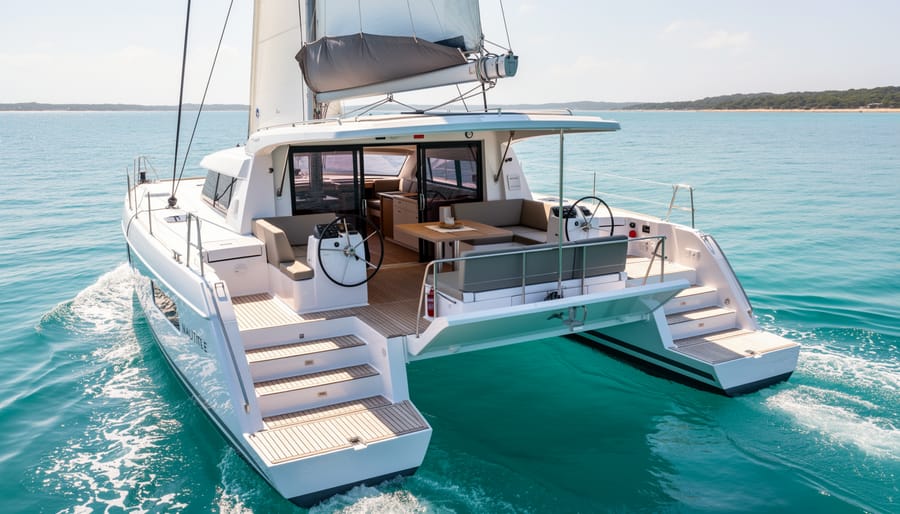 Nautitech 40 Open catamaran with open cockpit and relaxed crew preparing to sail in a calm cove