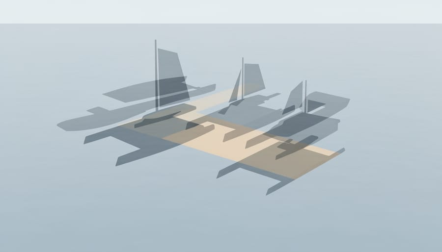 Overlapping catamaran sail shadows on calm water at golden hour representing versatility