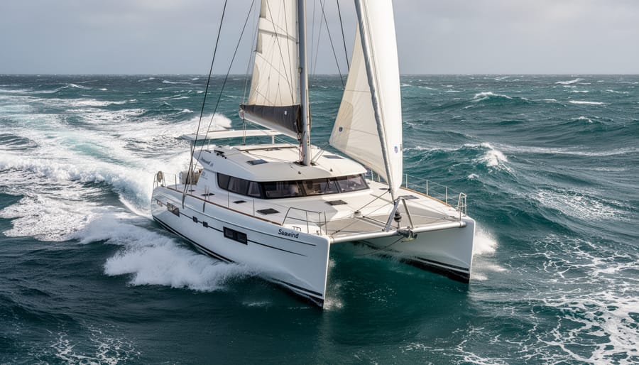 Seawind 1160 catamaran underway through choppy open water with spray and rugged sea conditions