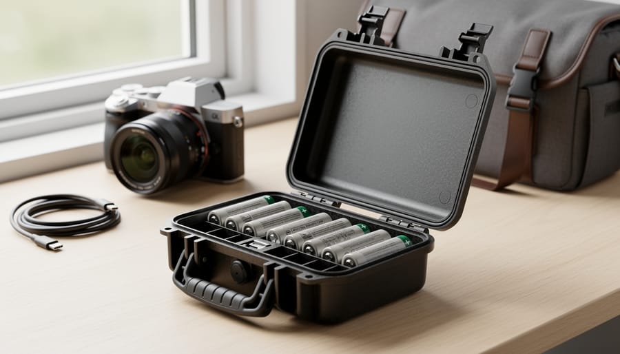 Spare vape batteries stored in a hard-shell protective case in a travel pouch