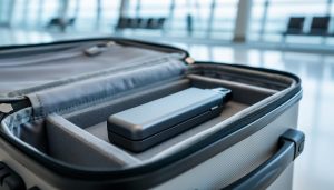 Vape device stored in a protective case inside an open carry-on bag in an airport setting.