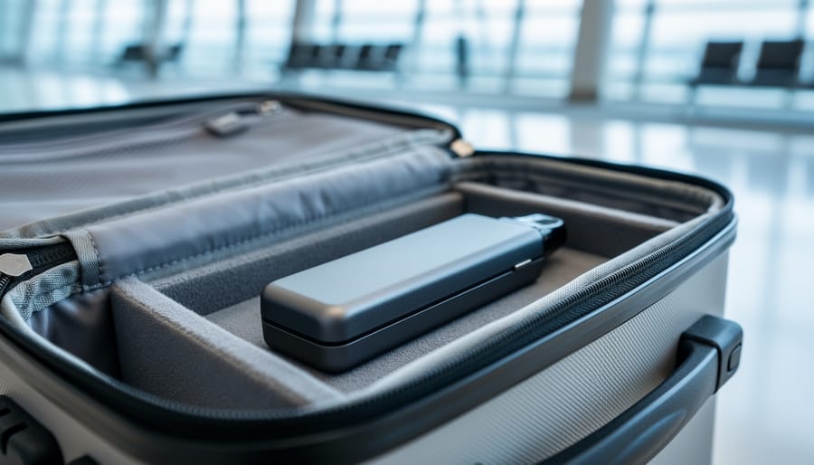 Vape device stored in a protective case inside an open carry-on bag in an airport setting.