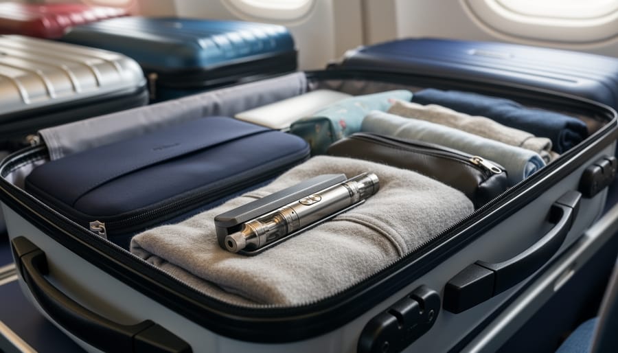 Vape device placed in a protective case inside an open carry-on bag