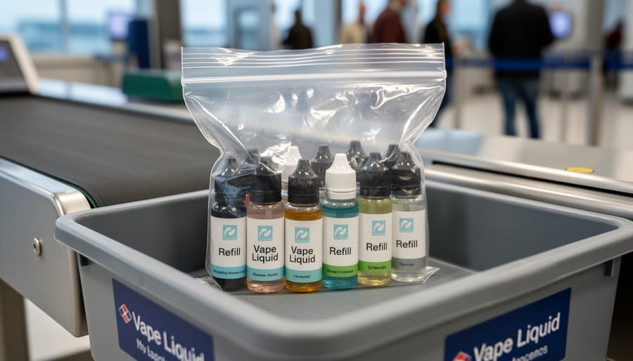 Quart-sized clear bag with small vape liquid bottles packed for travel