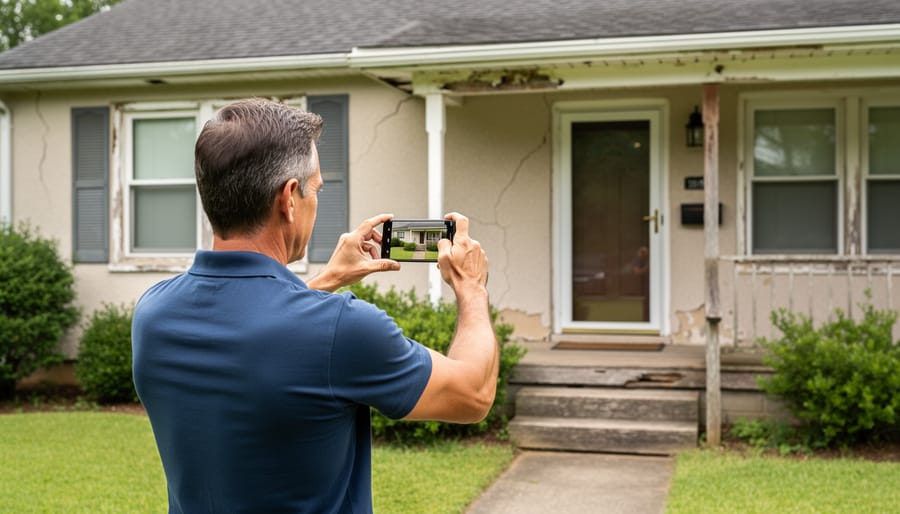 Person in rubber boots using a flashlight to inspect a weathered cottage exterior while holding a phone camera.