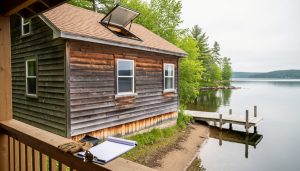 Renovation planning scene at a waterfront family cottage showing roof and foundation details with work gloves and a clipboard on the porch railing.