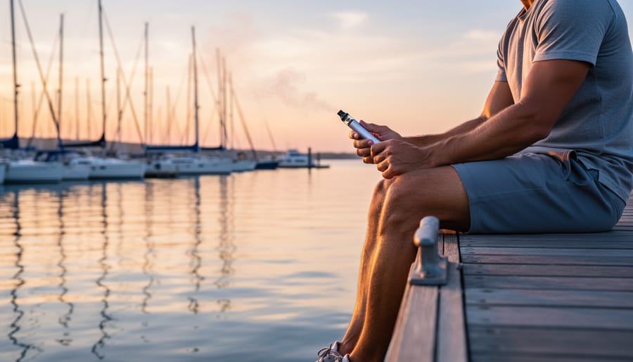 Relaxed sailor sitting on a marina dock steps holding a vape device during a golden hour wind-down.