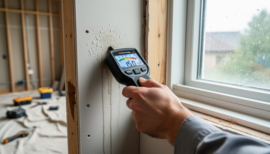 Gloved hands testing a cottage wall with a moisture meter near the foundation.