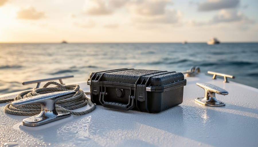 Compact vaporizer device stored in a waterproof pouch next to a damp towel on a marina table.