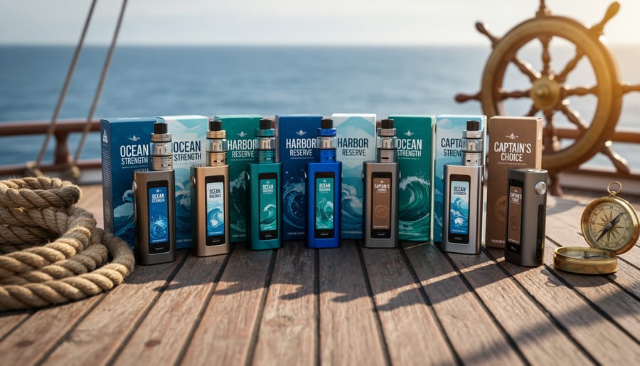 Close-up of vape accessories and cartridges organized on a tray with a sailboat-themed item nearby.