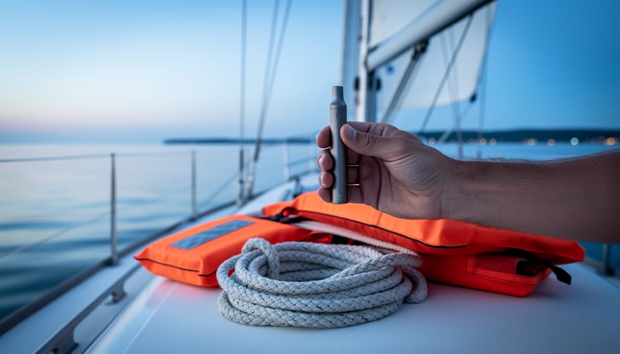 A sailor’s hand holding a discreet relaxation vape device on a sailboat deck at dusk, with blurred sails and lake scenery in the background.