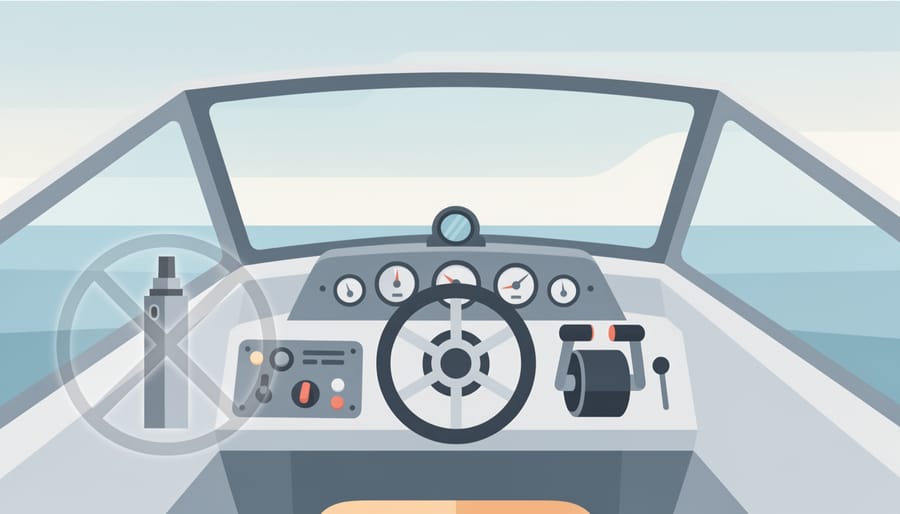 Sailboat cockpit scene with helm in view and a vape device out of focus, emphasizing safe, responsible behavior on the water.