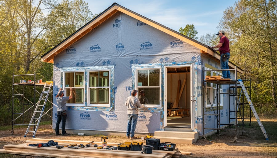 Exterior cottage renovation with roof and window replacement equipment visible near a waterfront dock.